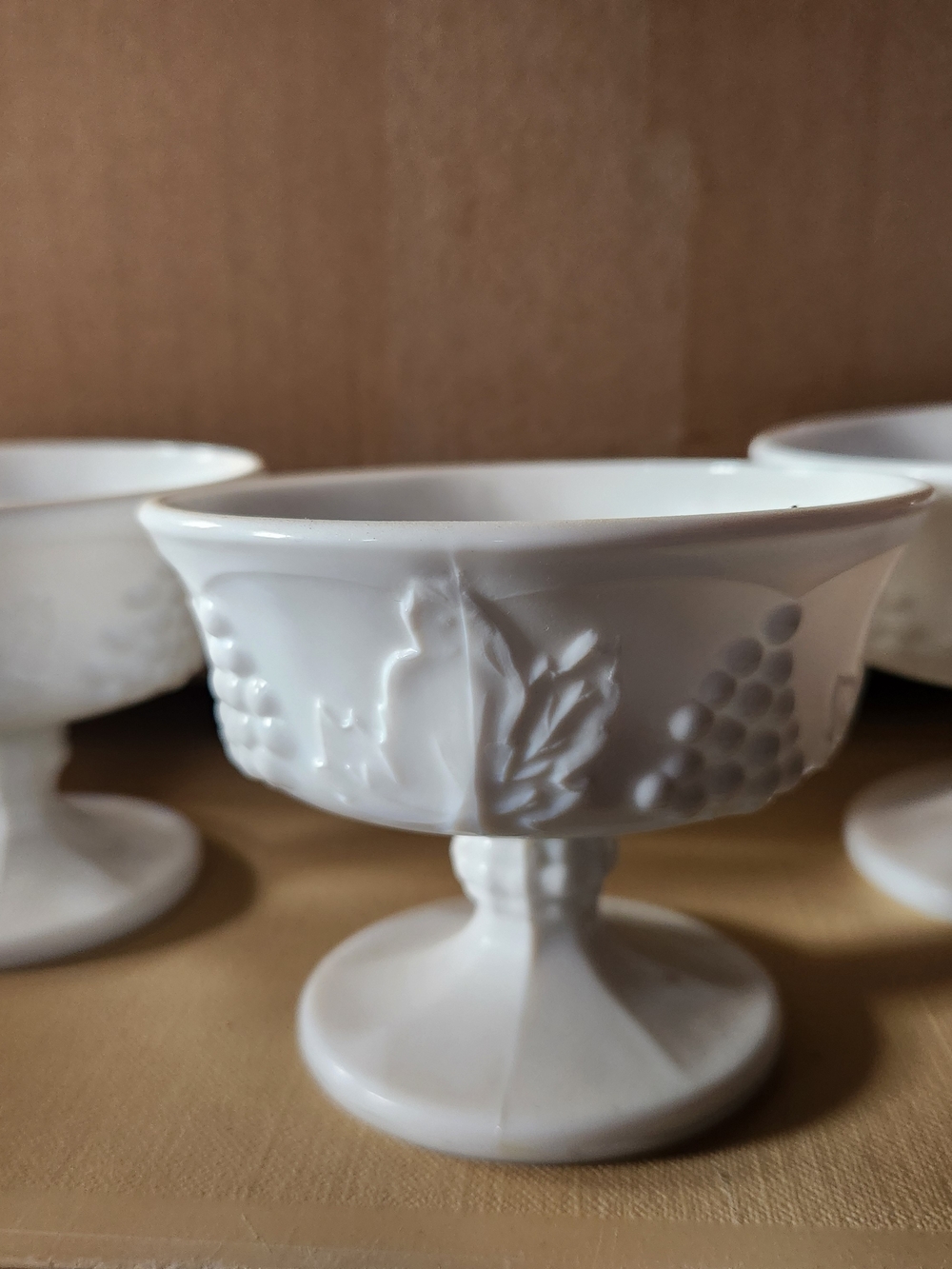Vintage Set Of 3 White Milk Glass Dish with Grape & Leaf Relief